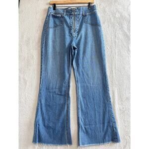 Reformation Cher Jeans Flare Leg Raw Hem Size 30 Baltic Front Zipper Retro